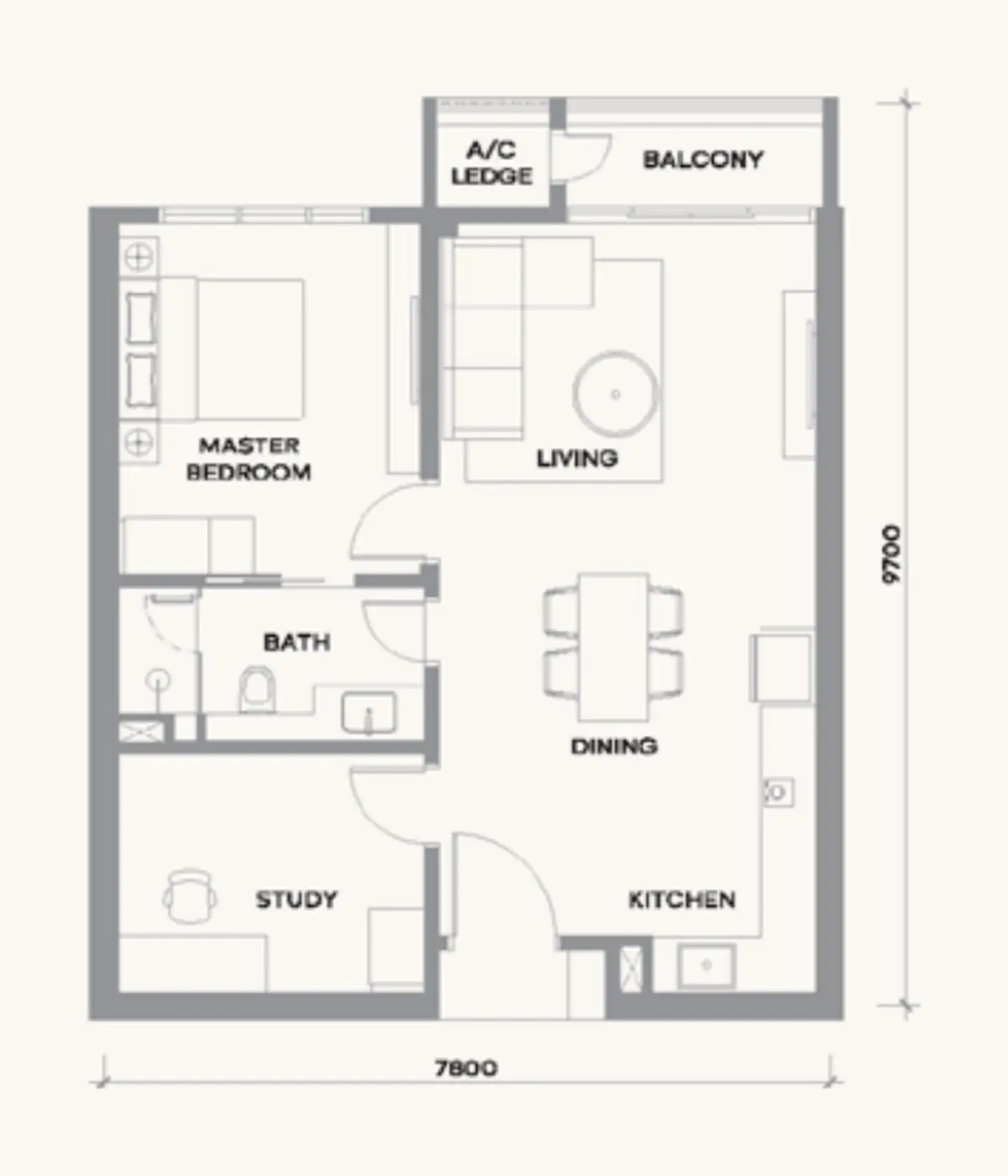 Kaia 772 sq ft layout, 1 + Study , 1 Bathroom