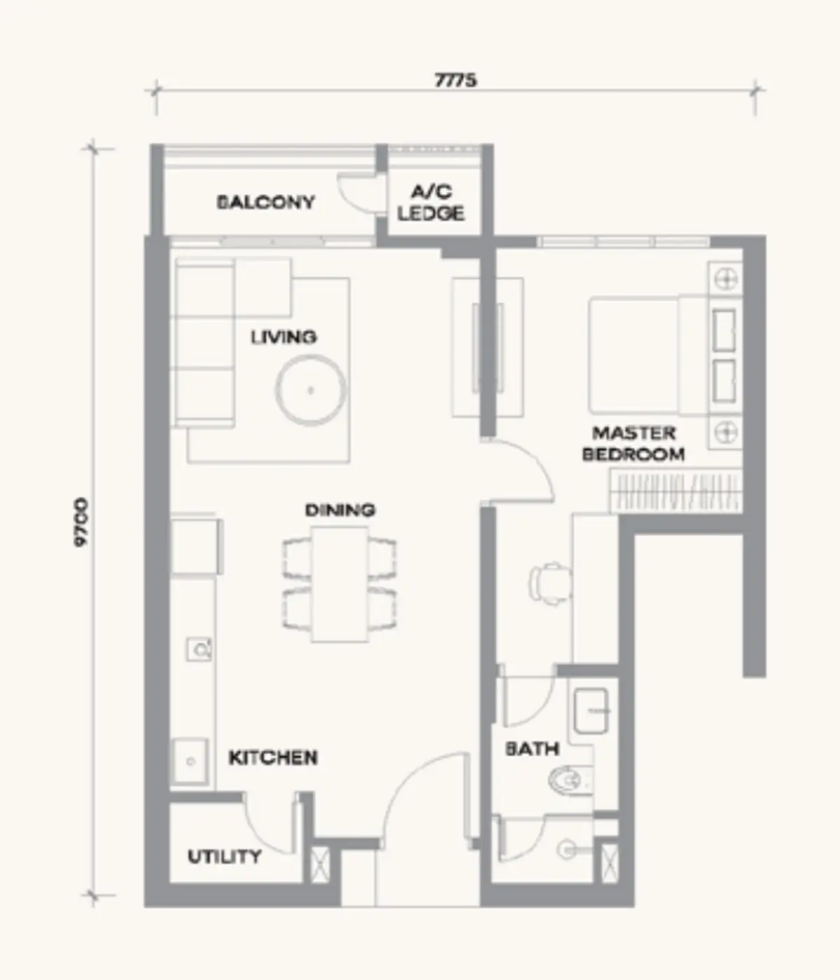 Kaia 683 sq ft layout, 1 + Study , 1 Bathroom