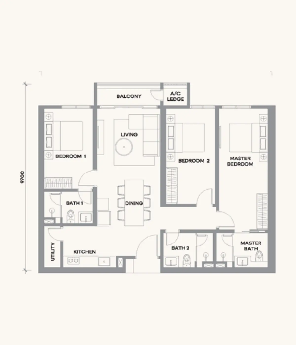 Kaia 1,164 sq ft layout, 3 + Study , 3 Bathroom