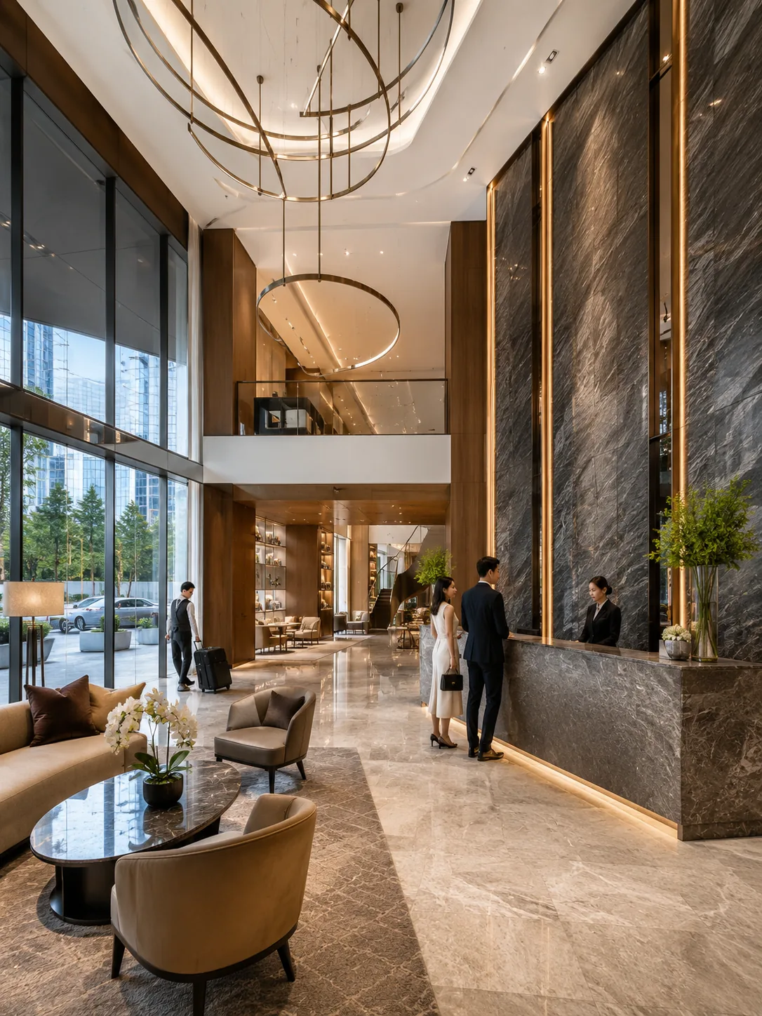 A double-volume concierge lobby interior