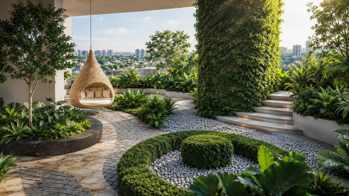 Landscaped gardens threaded through the residence