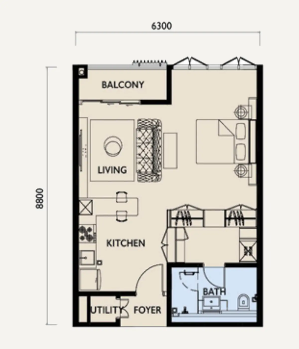 Three 8 580 sq ft layout, Studio , 1 Bathroom