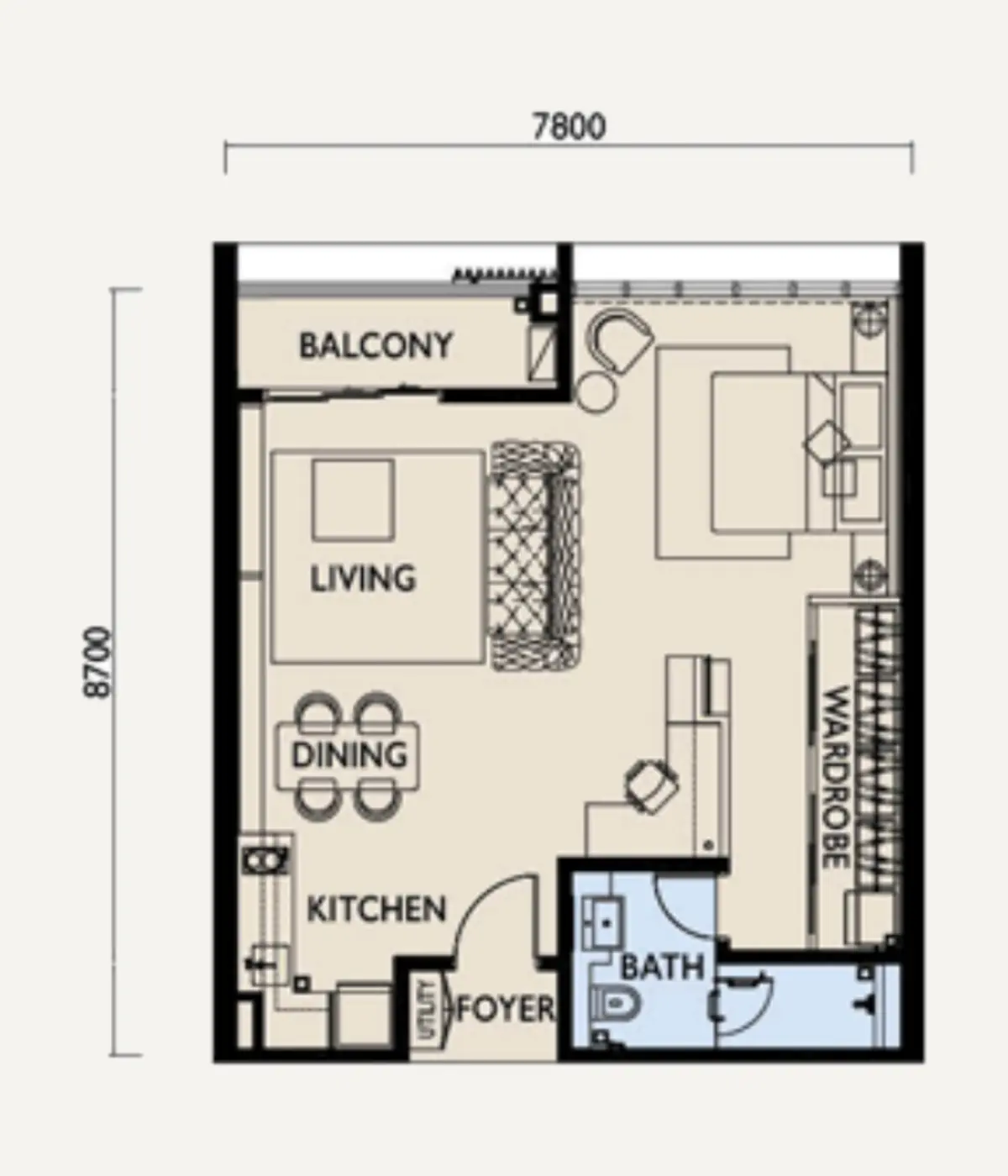 Three 8 720 sq ft layout, Studio , 1 Bathroom
