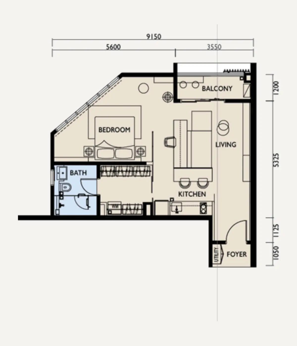 Three 8 635 sq ft layout, Studio , 1 Bathroom