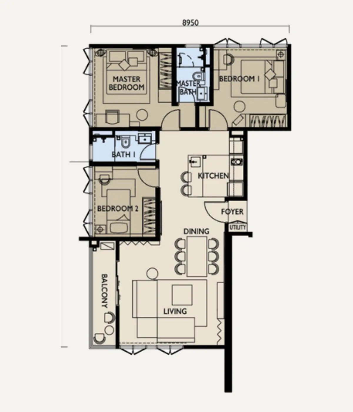 Three 8 1,045 sq ft layout, 3 Bedroom , 2 Bathroom
