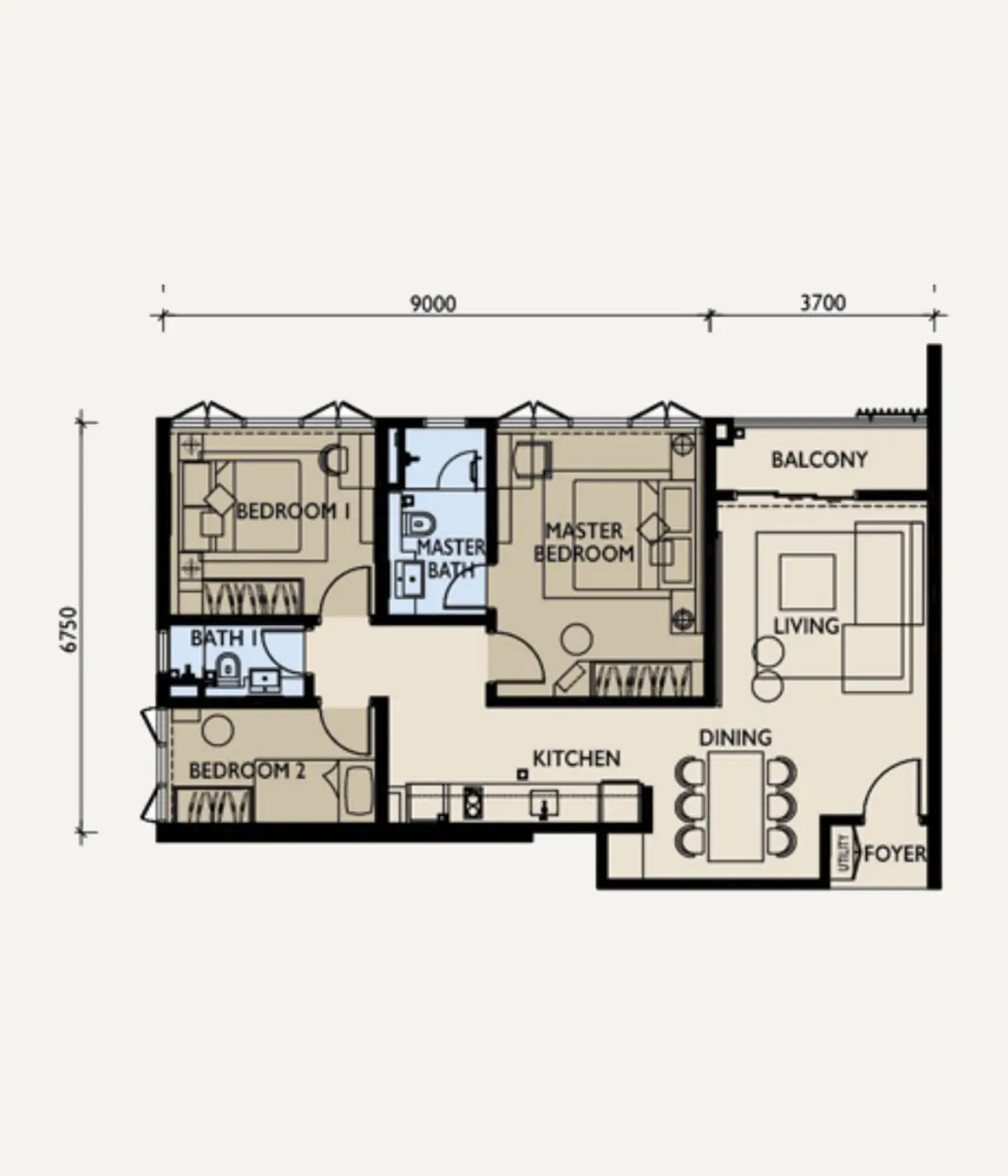 Three 8 960 sq ft layout, 3 Bedroom , 2 Bathroom