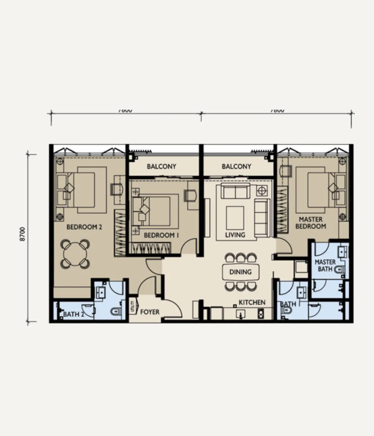 Three 8 1,442 sq ft layout, 3 Bedroom , 3 Bathroom , Dual key